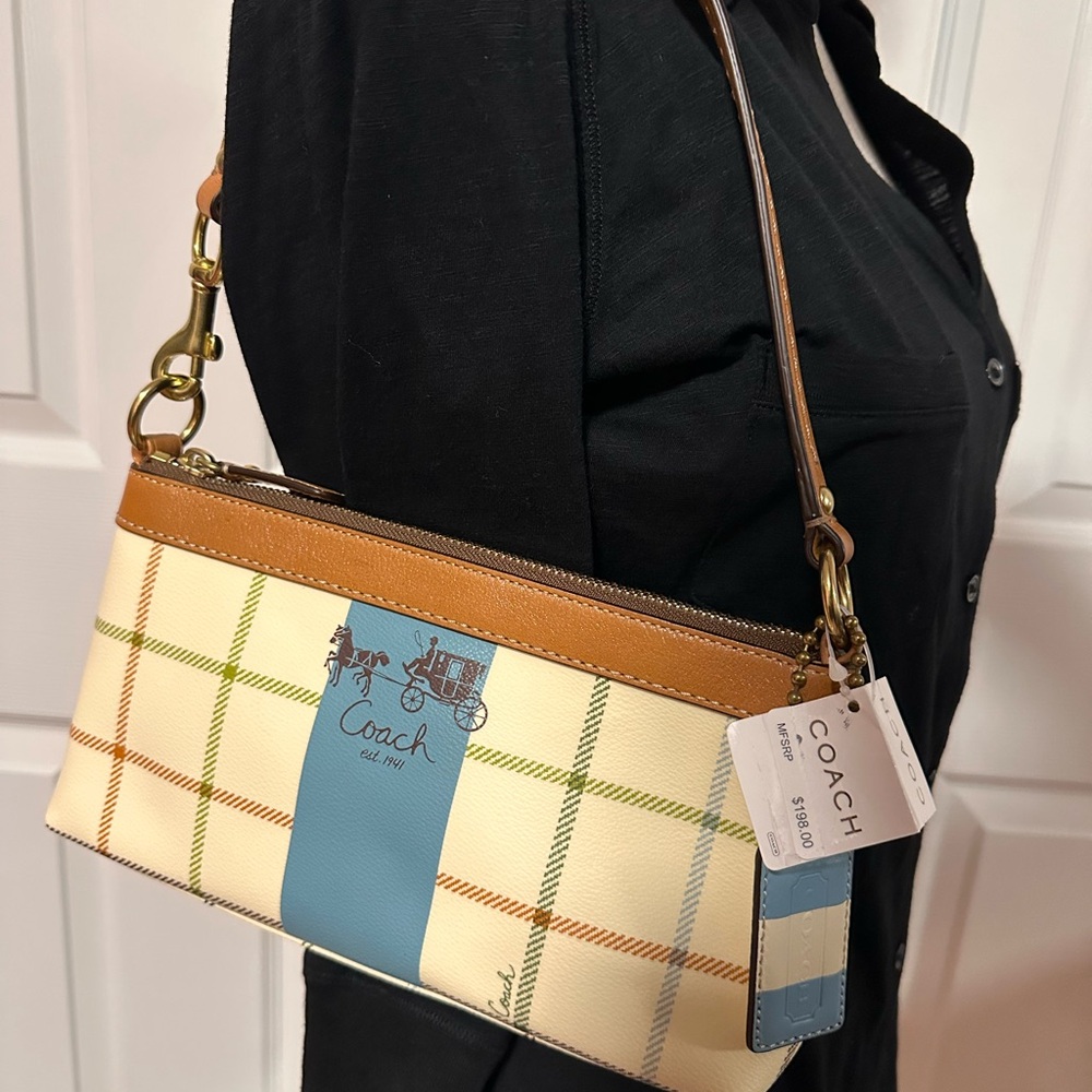 Coach Women's Beige and Blue Plaid Shoulder Bag - Picture 5 of 11